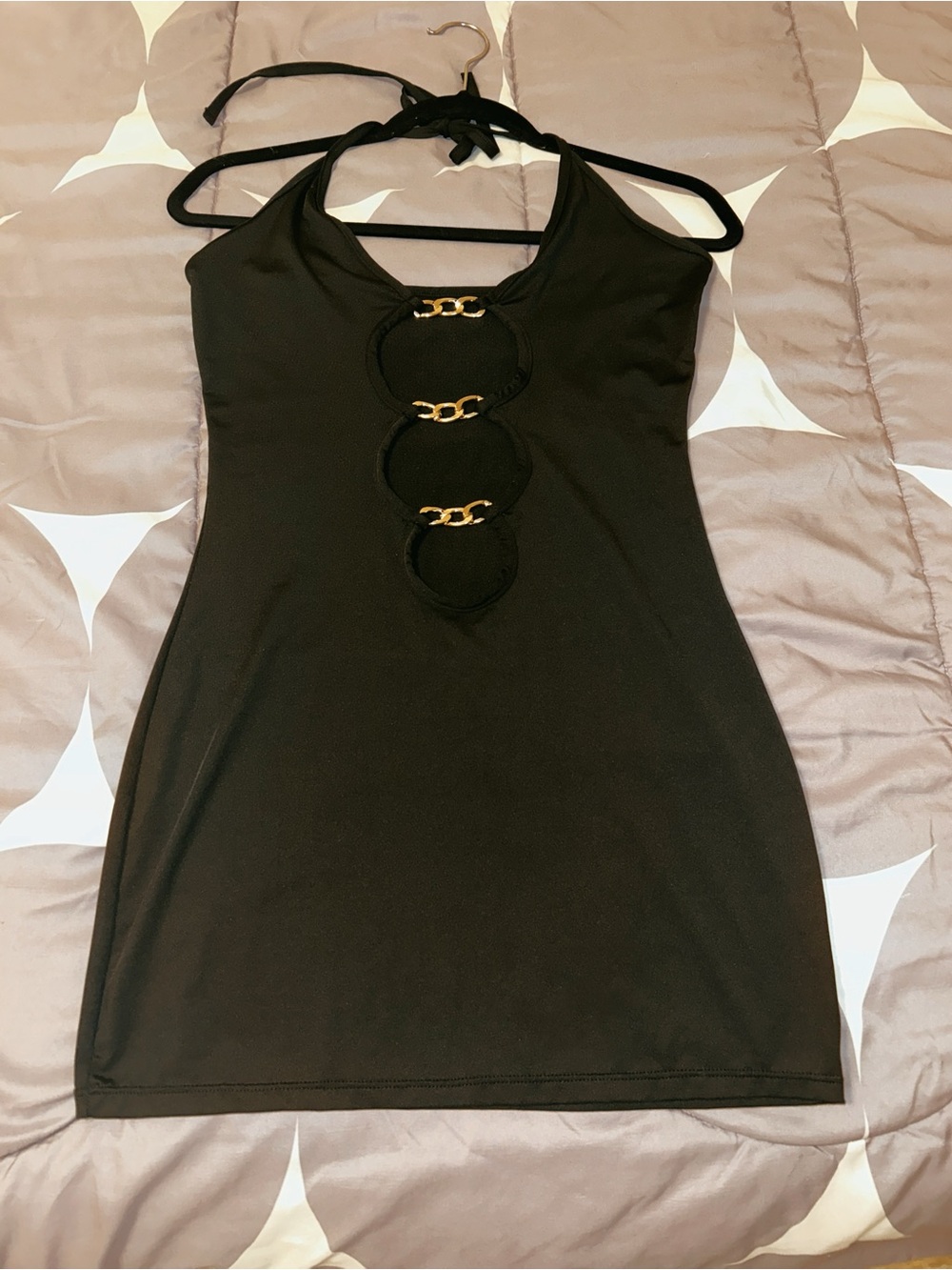 Black Halter Mini Dress with Gold Chain Accents